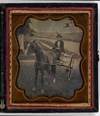 (TRANSPORTATION) Pair of daguerreotypes, comprising a quarter-plate of a top-hatted gentleman in the seat of a wagon and a sixth-plate